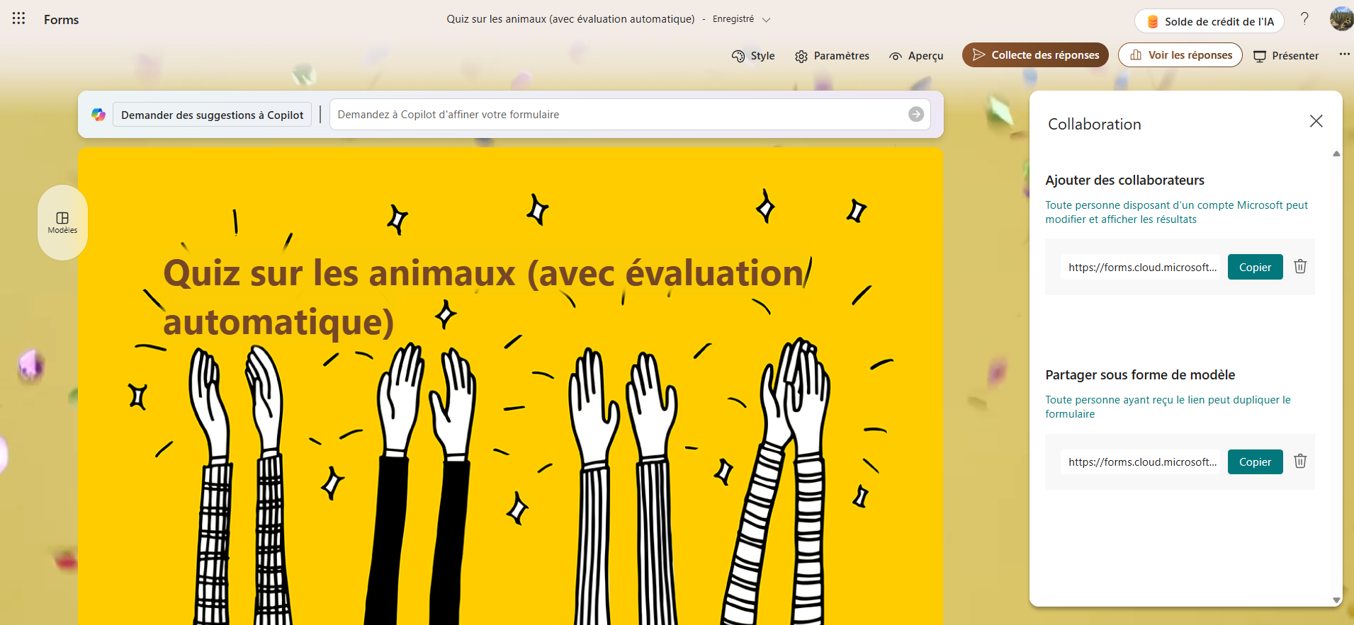 Capture d'écran du formulaire dans Microsoft Forms avec le volet Collaboration et les options de partage
