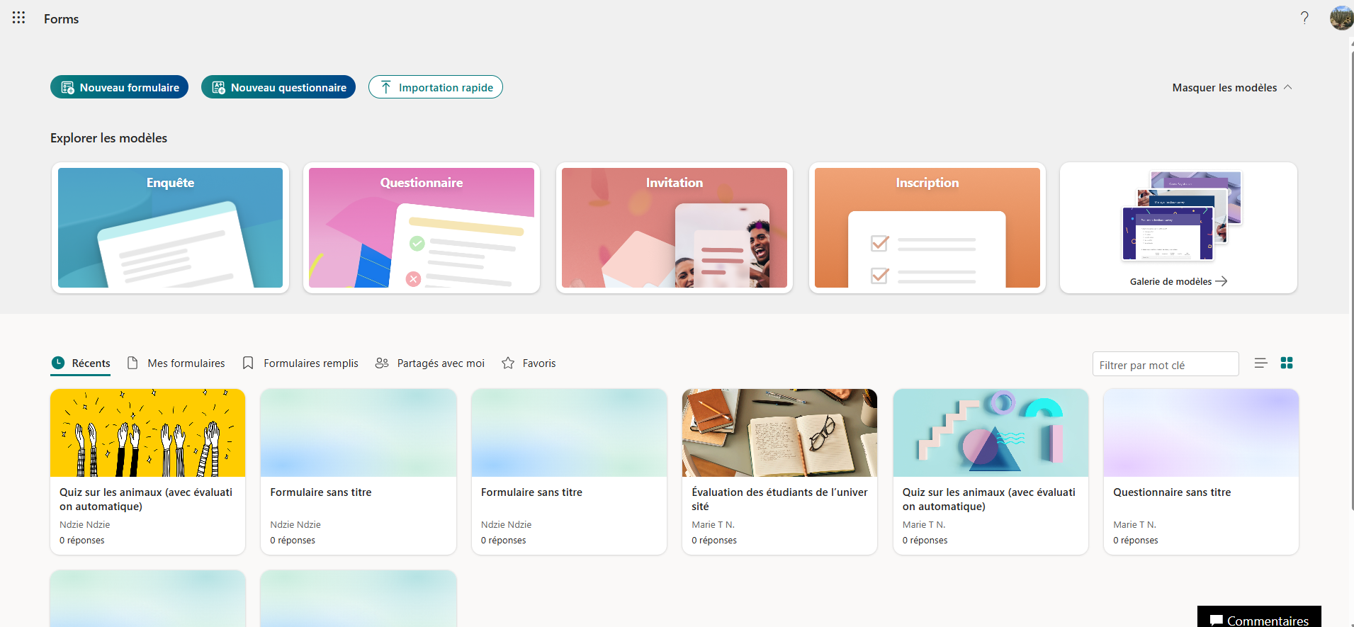 Capture d'écran de l'interface Microsoft Forms