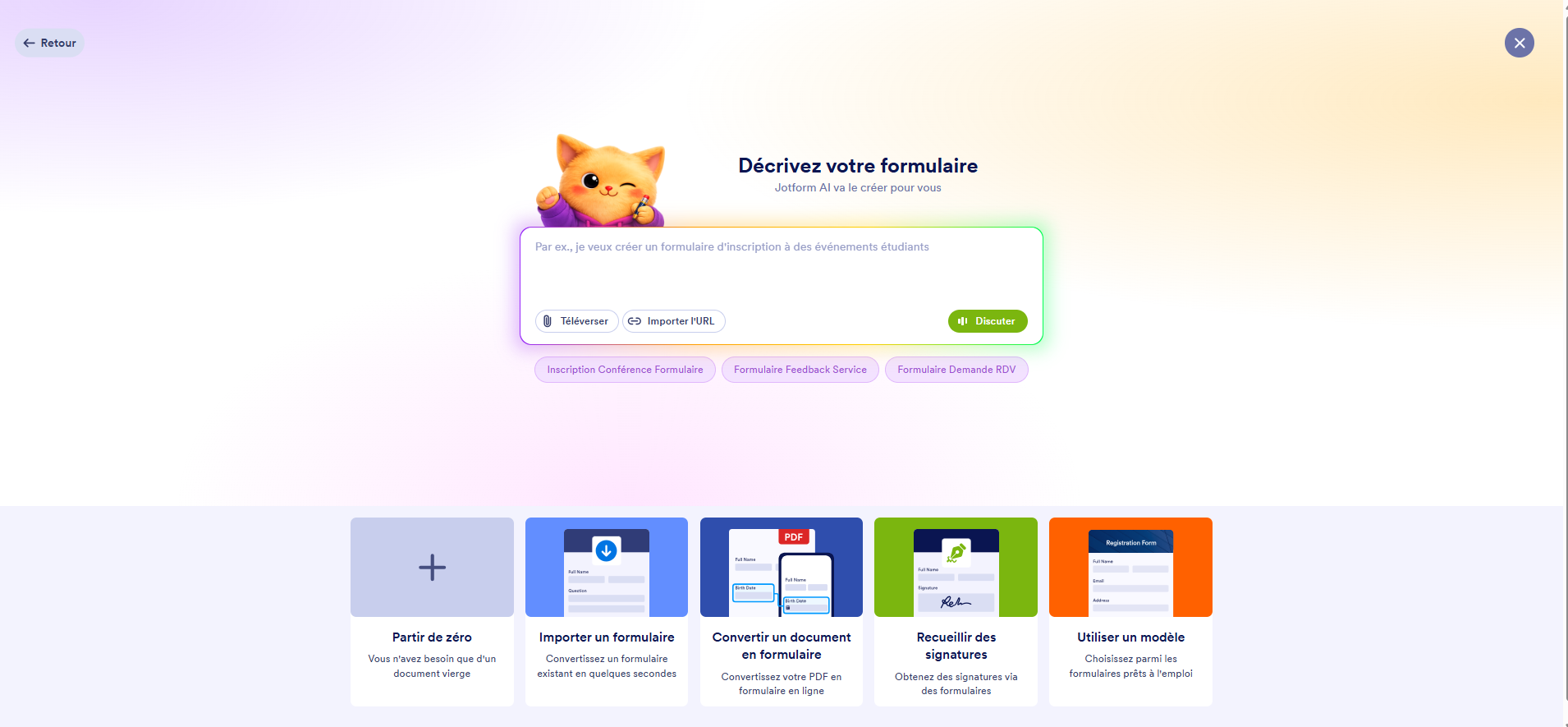 Capture d'écran de la page des options de création de formulaire dans Jotform