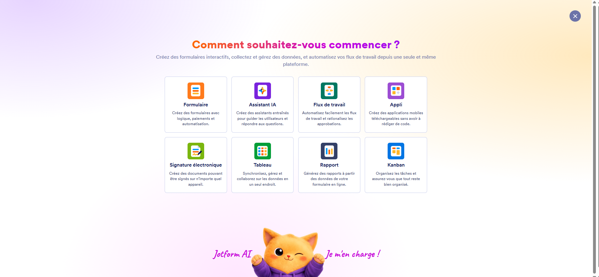 Capture d'écran de la page Jotform « Comment souhaitez-vous commencer ? »