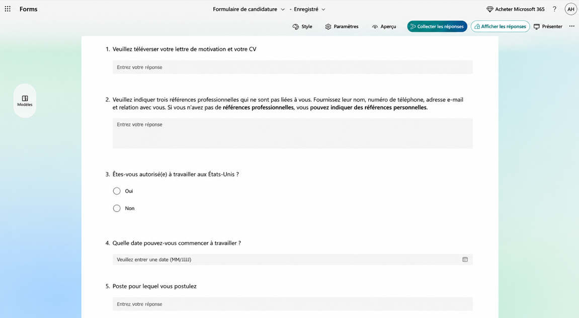 Capture d'écran de Microsoft Forms qui affiche un formulaire de candidature avec des champs permettant de téléverser un CV et une lettre de motivation, de renseigner des références professionnelles, d'indiquer une autorisation de travail aux États-Unis, une date de disponibilité et le poste visé