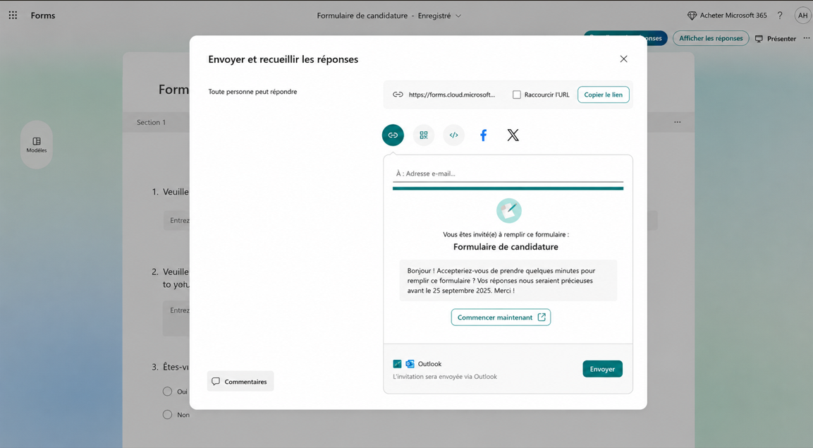 Capture d'écran de la fenêtre de partage Microsoft Forms qui permet d'envoyer un formulaire de candidature par lien, email ou réseaux sociaux et de recueillir des réponses