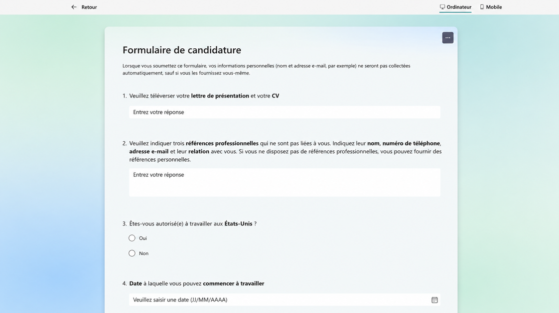 Capture d'écran d'un formulaire de candidature en ligne avec des champs pour CV, références professionnelles, autorisation de travail et date de disponibilité en mode prévisualisation