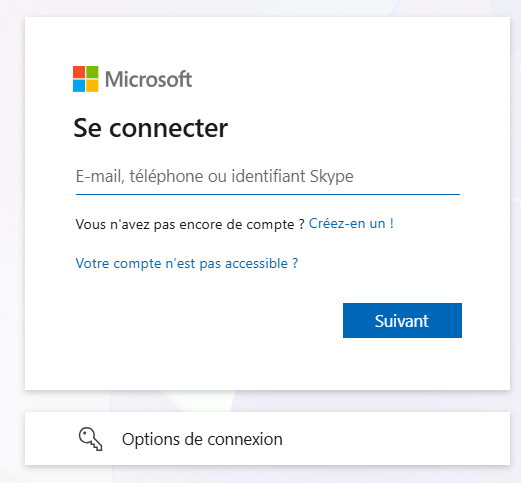 Capture d'écran de la fenêtre de connexion à un compte Microsoft