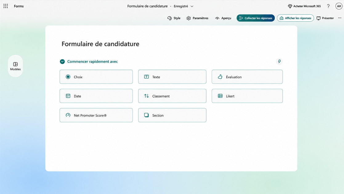 Capture d'écran de la création d‘un formulaire de candidature à un emploi dans Microsoft Forms avec les options de questions Choix, Texte, Évaluation, Date, Classement, Likert, Net Promoter Score® et Section