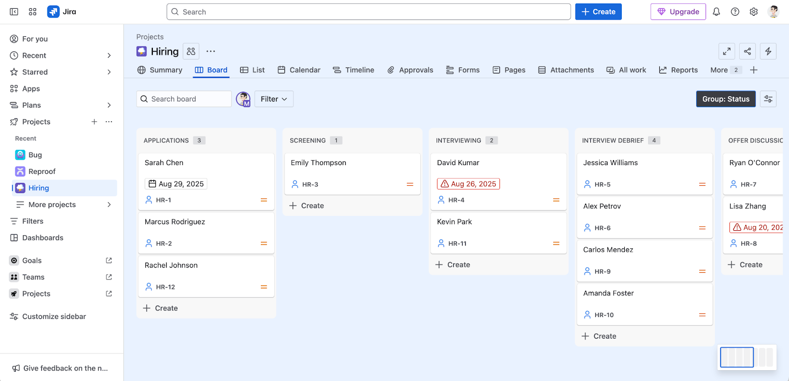 Capture d'écran d'un tableau de bord Jira avec des tickets côte à côte