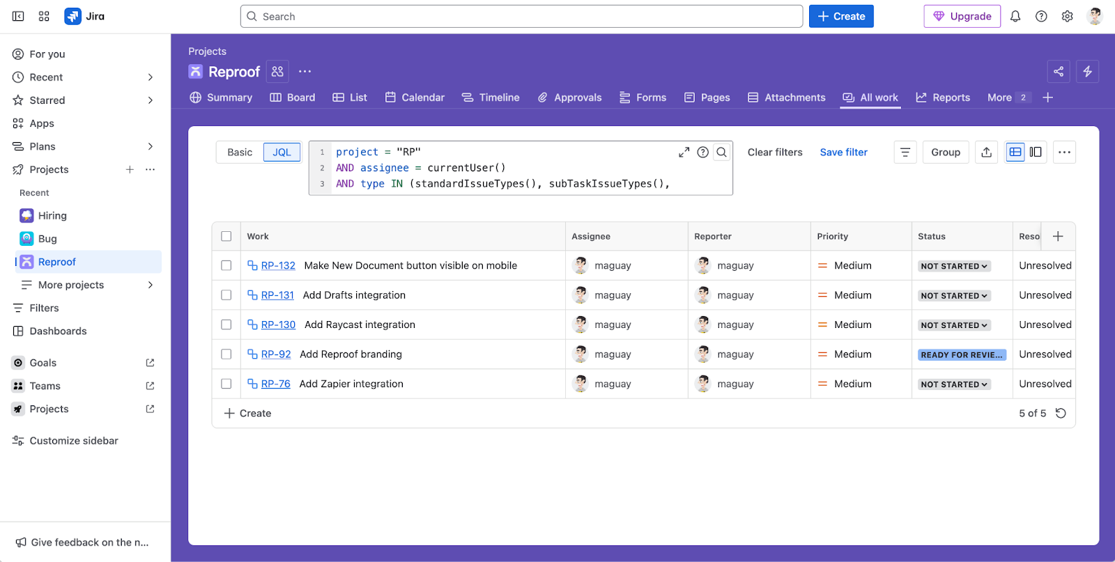 Capture d'écran d'un projet dans Jira qui présente une liste de tickets sous forme de tableau