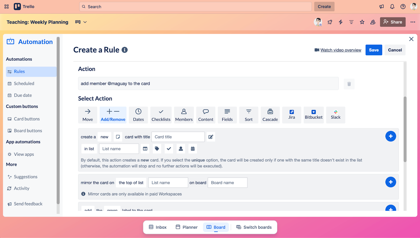 Capture d'écran de Trello avec une fenêtre « Create a Rule », une section « Rules » sélectionnée dans le menu latéral gauche et une règle automatique pour ajouter un membre à une carte au centre