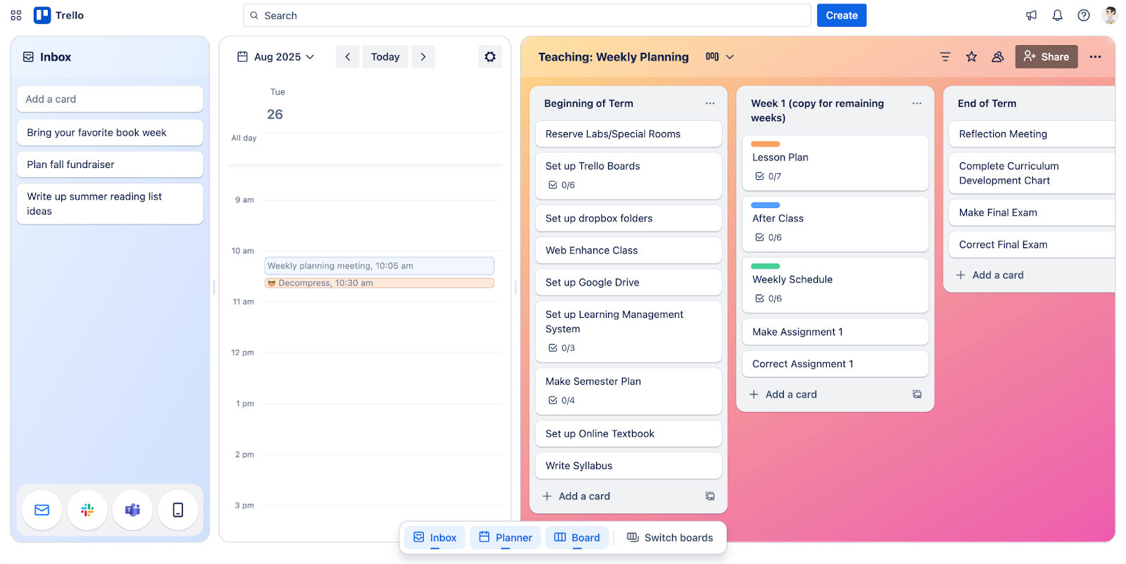 Interface Trello montrant un espace de travail de planification hebdomadaire pour un enseignant
