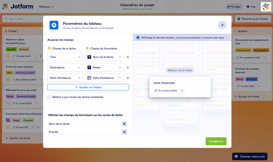 Capture d'écran de la fenêtre modale Paramètres du tableau dans les Tableaux Kanban de Jotform