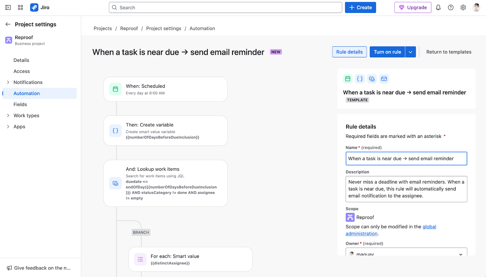 Capture d'écran de l'interface d'automatisation Jira avec une règle d'envoi automatique de rappels par email pour les tâches approchant de leur date d'échéance