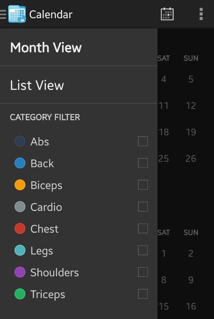 FitNotes App Calendar Section Month View Menu