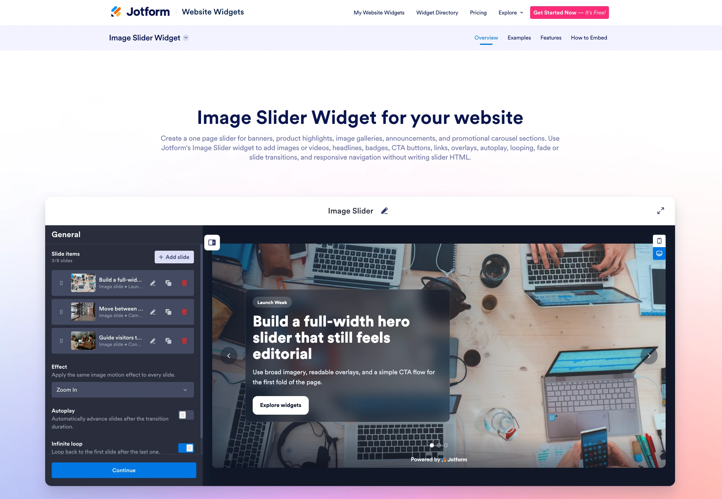 Screenshot of the Jotform Image Slider Widget landing page