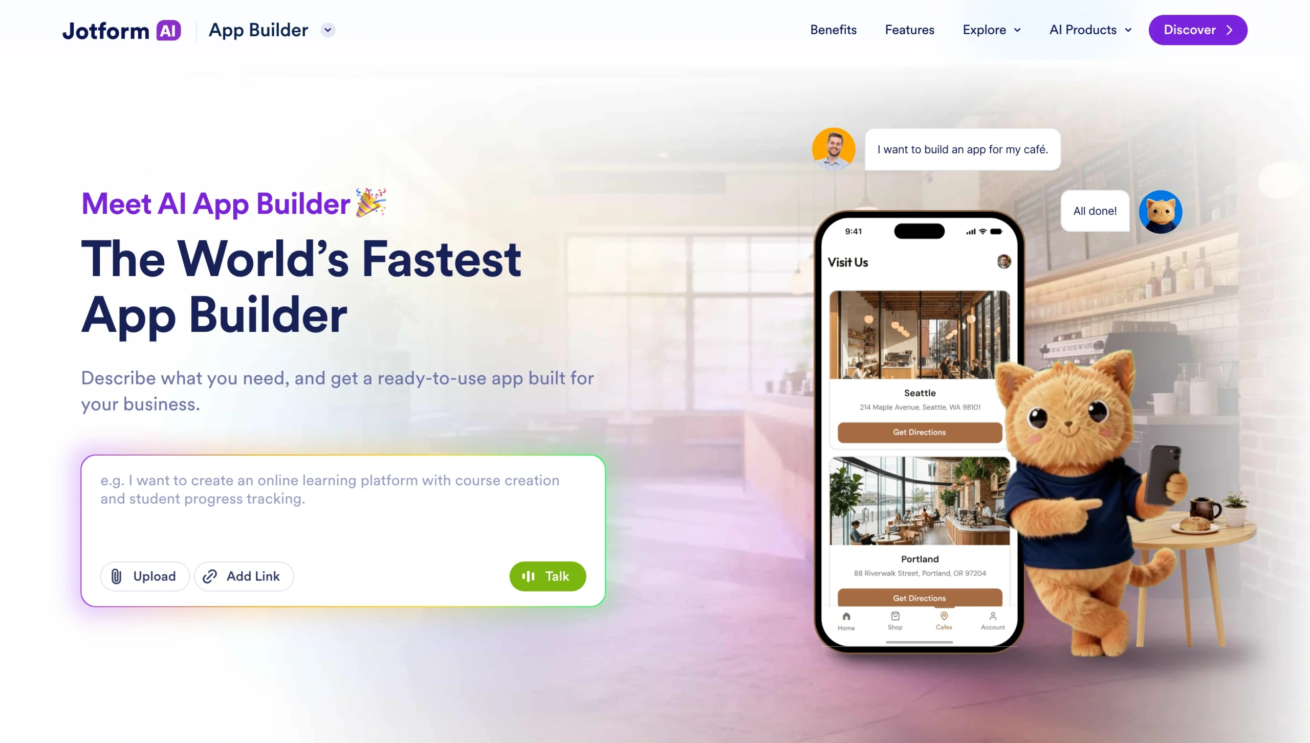 Screenshot of the Jotform AI App Builder landing page, showing a headline "The World's Fastest App Builder"