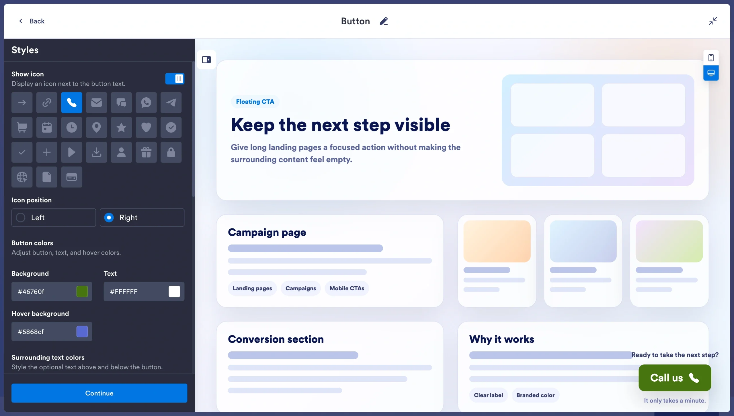 Jotform Button Widget style editor showing icon, color, hover, and surrounding text customization options with a live preview