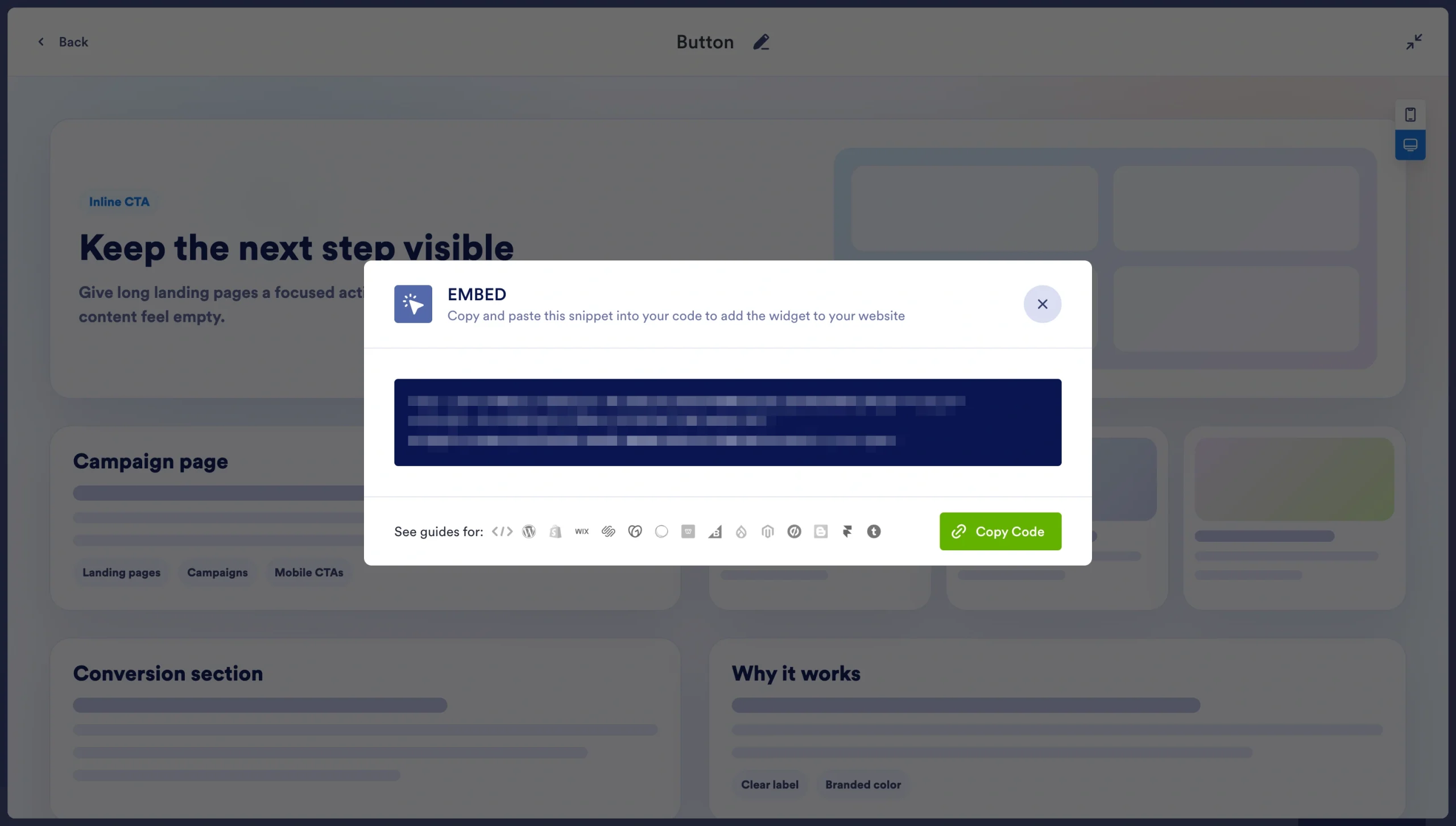 Jotform Button Widget embed popup showing the generated embed code and Copy Code button