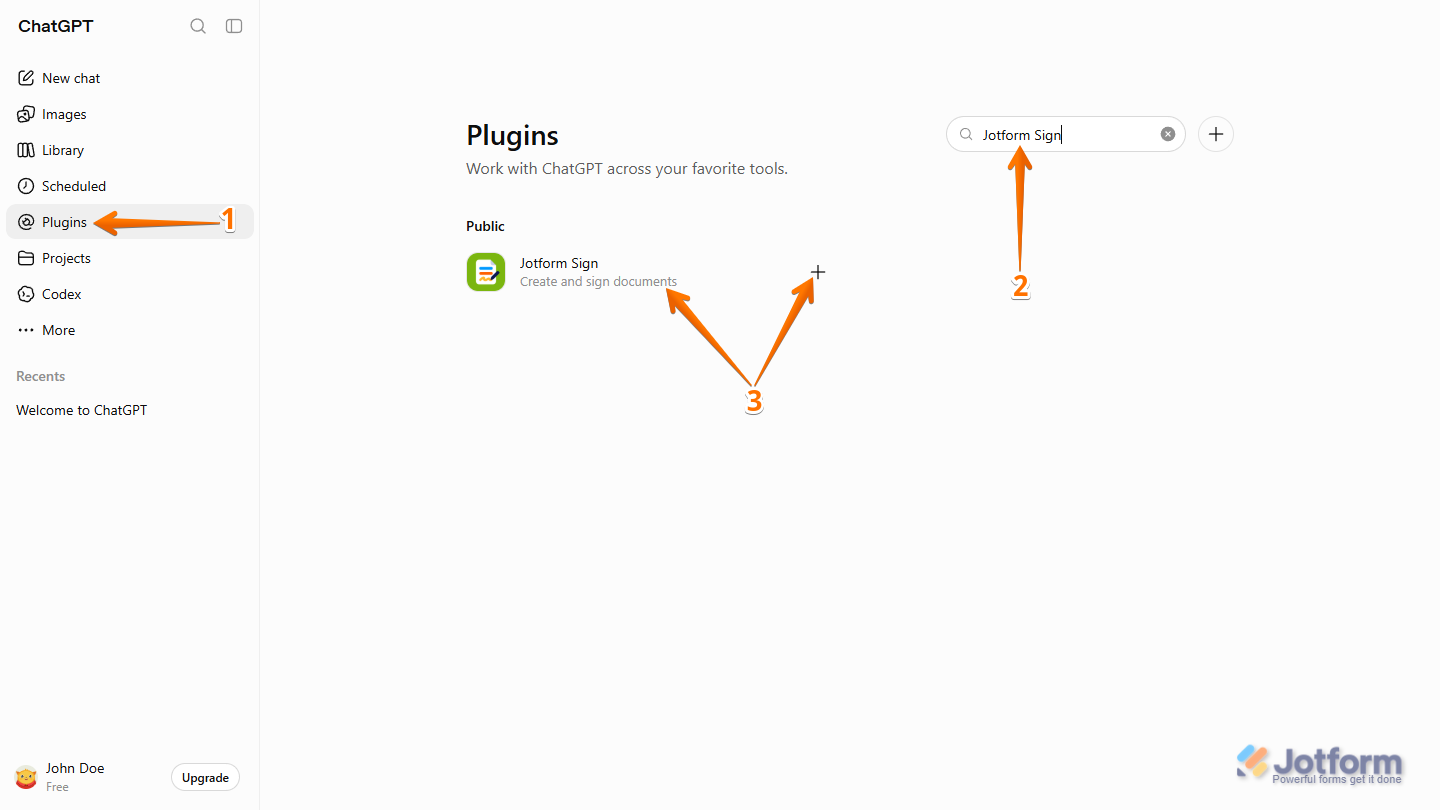 Jotform Sign plugin in the Plugins section in ChatGPT