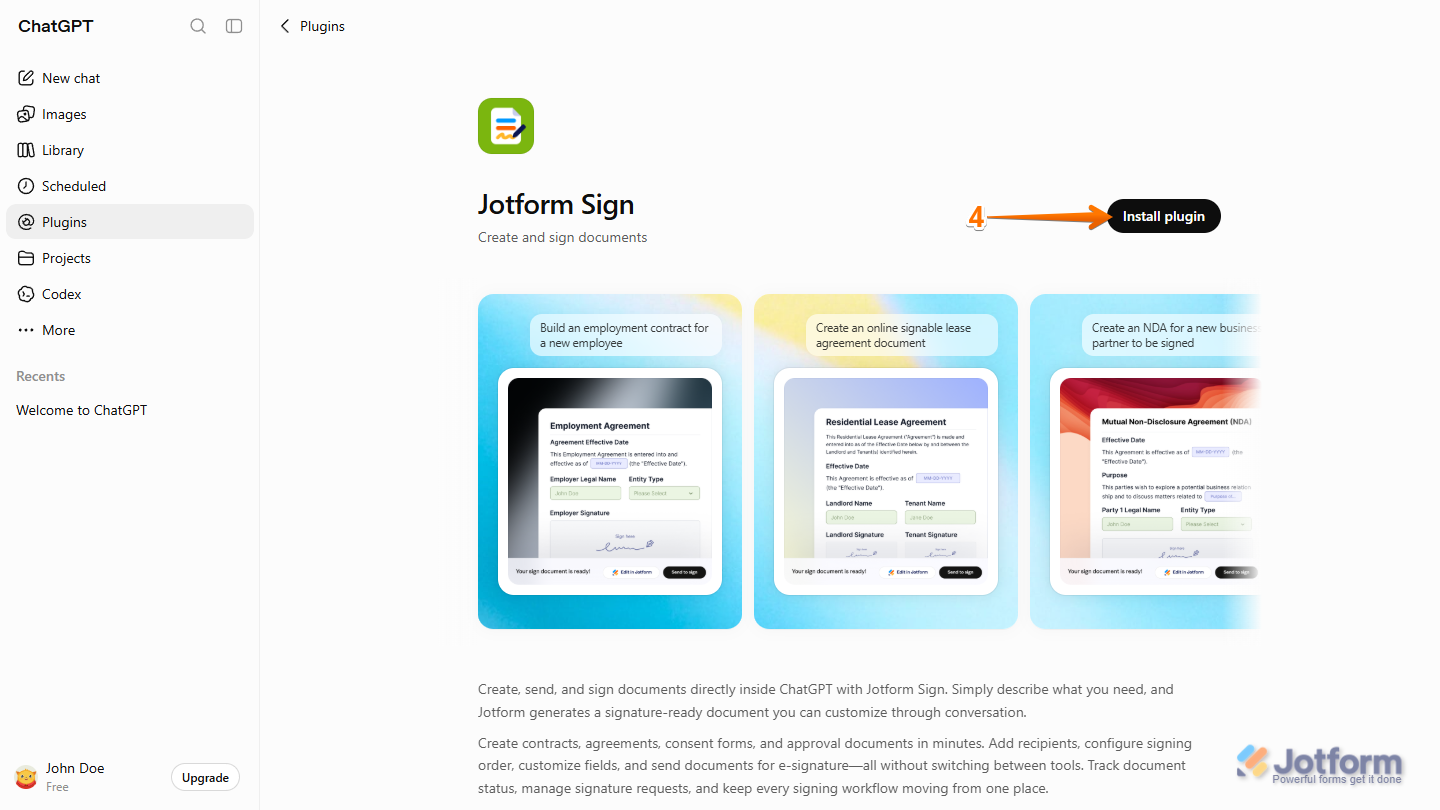 Install Plugin button in the Jotform Sign plugin details in the Plugins section in ChatGPT