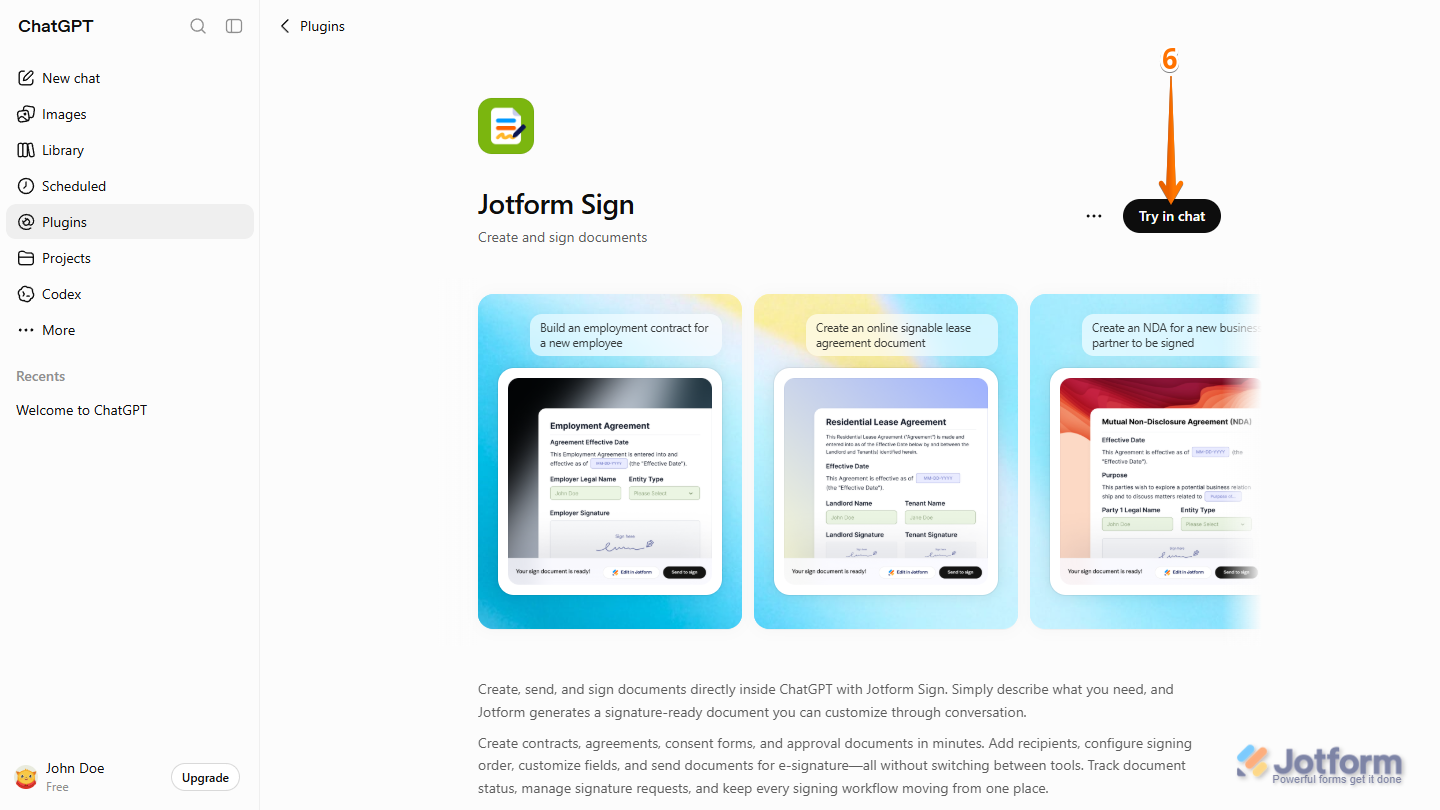 Try it Now button in the Jotform Sign plugin details in the Plugins section in ChatGPT