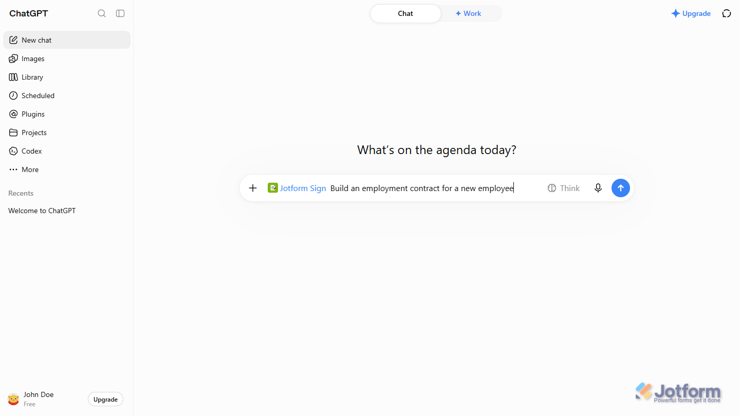 Jotform Sign plugin and prompt in the ChatGPT Prompt box