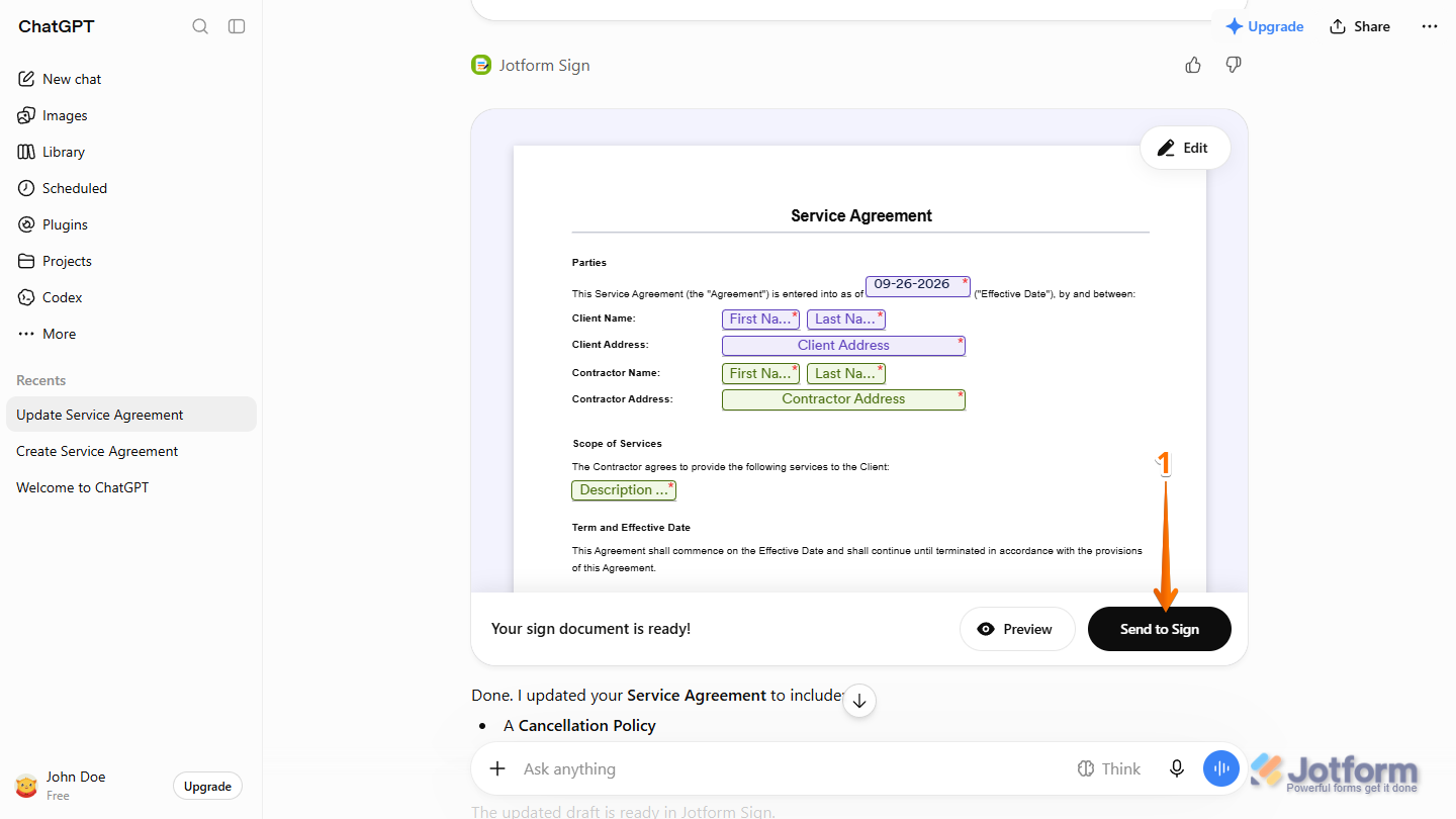 Send to Sign button in the Jotform Sign section of the ChatGPT response