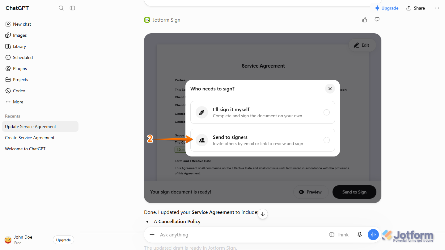 Send to Signers option in the Who Needs to Sign dialog in the Jotform Sign section of the ChatGPT response