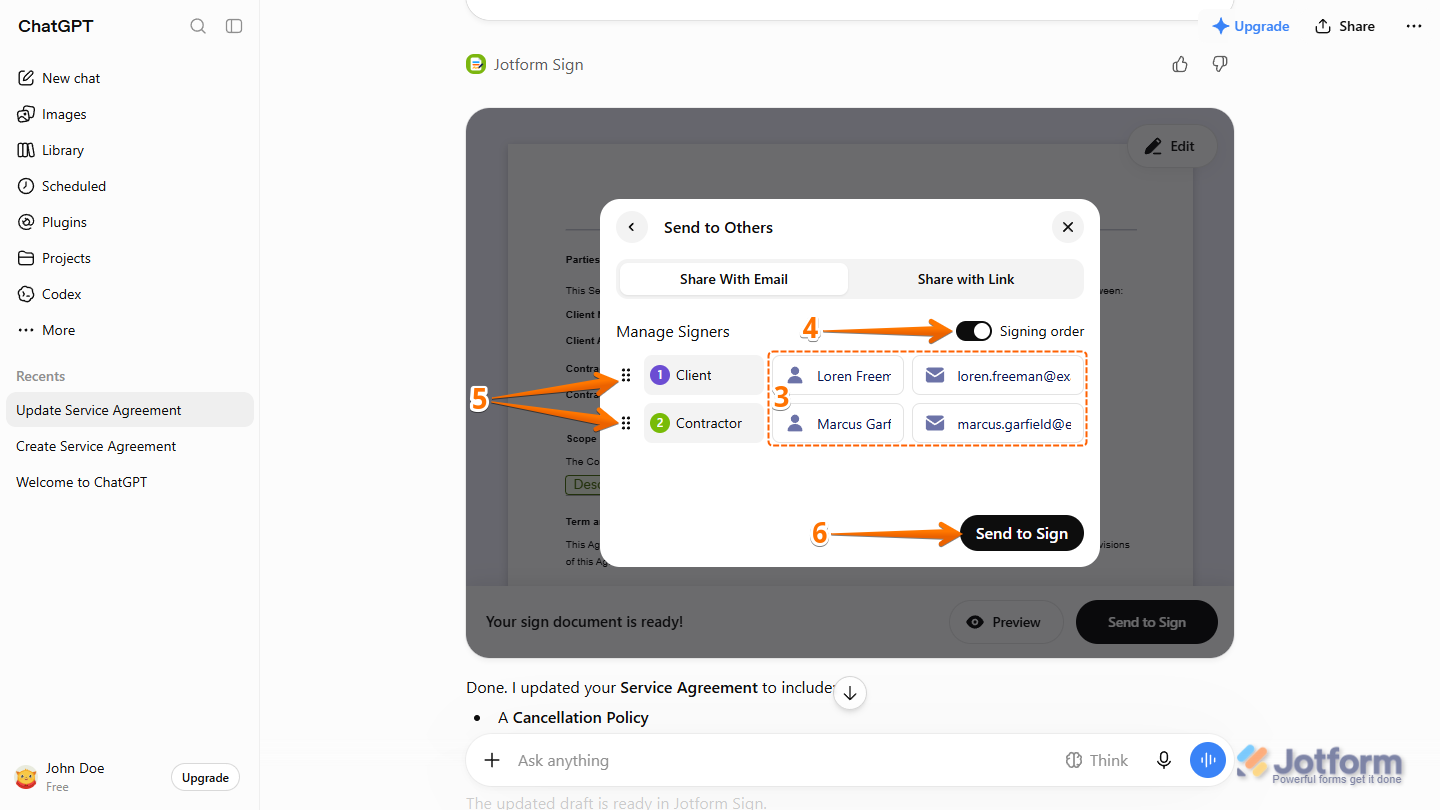 Full Name and Email Address of signers and Signing Order option in the Manage Signer section of the Send to Others dialog in the Jotform Sign section of the ChatGPT response