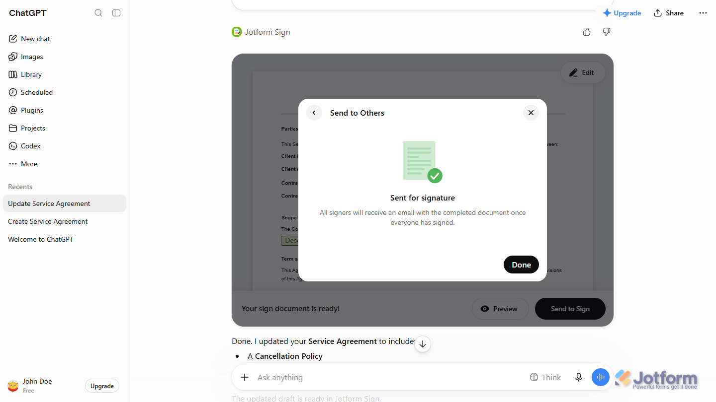 Sent for Signature message of the Send to Others dialog in the Jotform Sign section of the ChatGPT response
