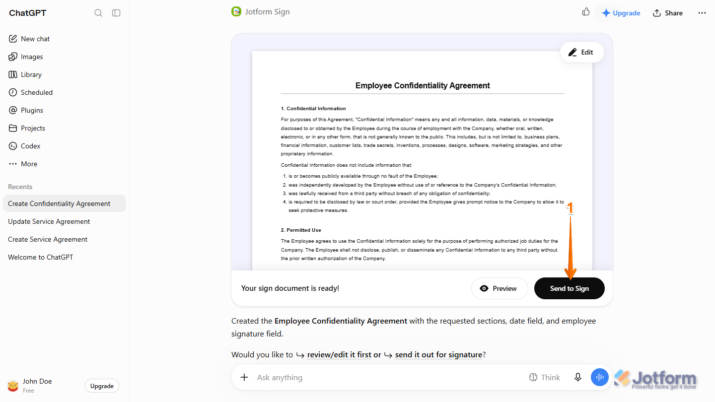 Send to Sign button in the Jotform Sign section of the ChatGPT response