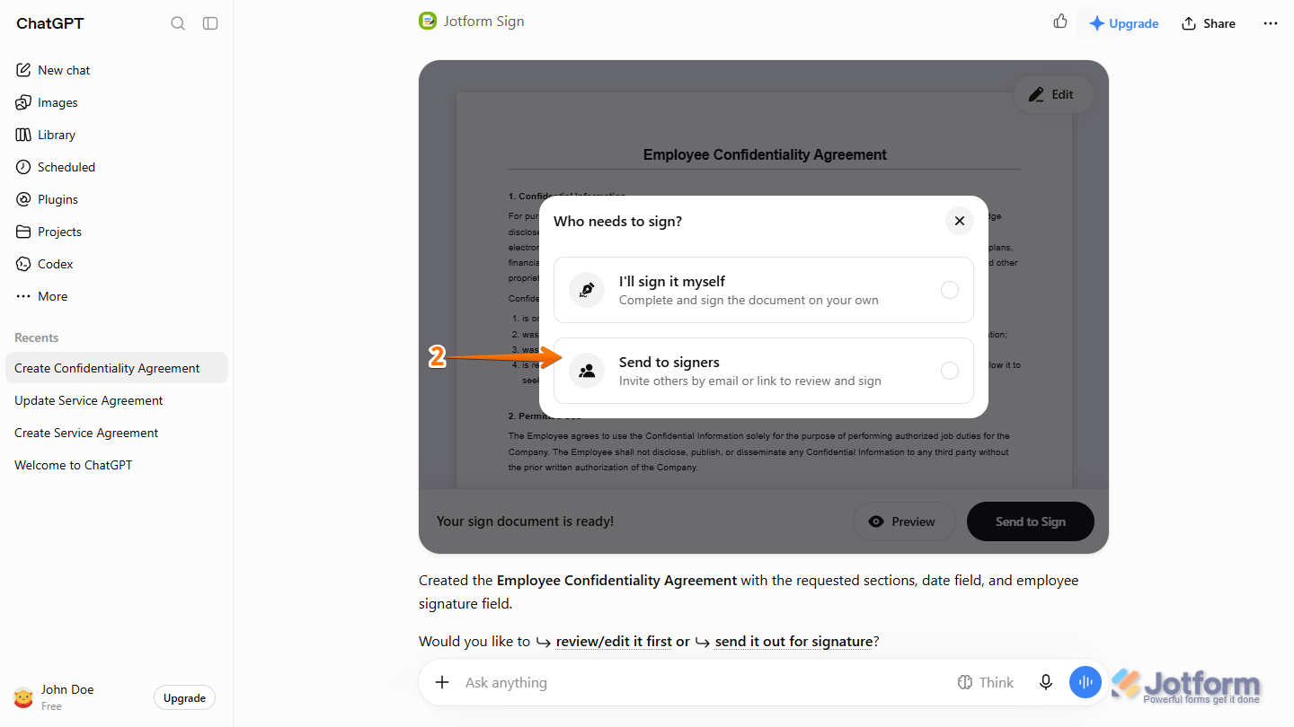 Send to Signers option in the Who Needs to Sign dialog in the Jotform Sign section of the ChatGPT response