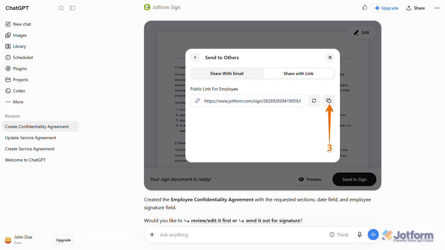 Copy icon on the far-right side of the Sign Document Public Link in the Send to Others dialog in the Jotform Sign section of the ChatGPT response