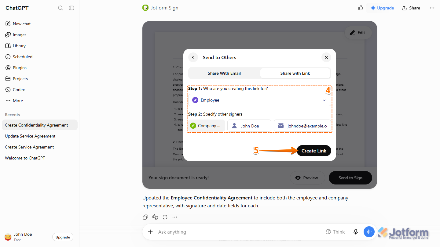 Step 1, Step 2, and Create Link button under the Share Link option in the Send to Others dialog in the Jotform Sign section of the ChatGPT response