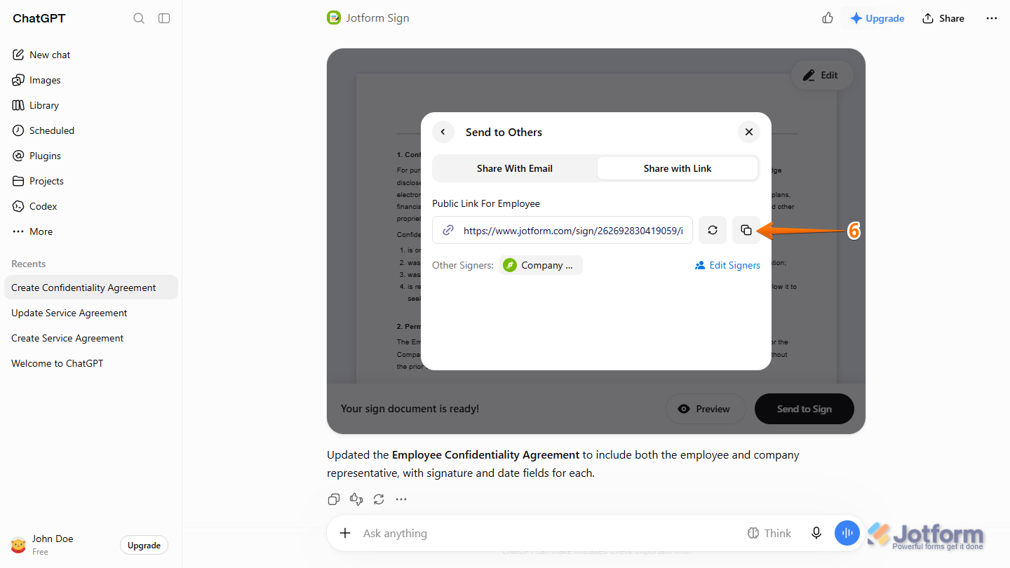 Copy icon on the far-right side of the Sign Document Public Link for selected signer in the Send to Others dialog in the Jotform Sign section of the ChatGPT response