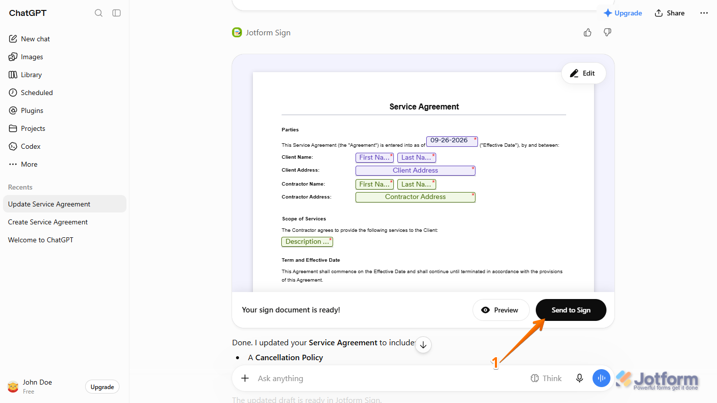 Send to Sign button in the Jotform Sign section of the ChatGPT response