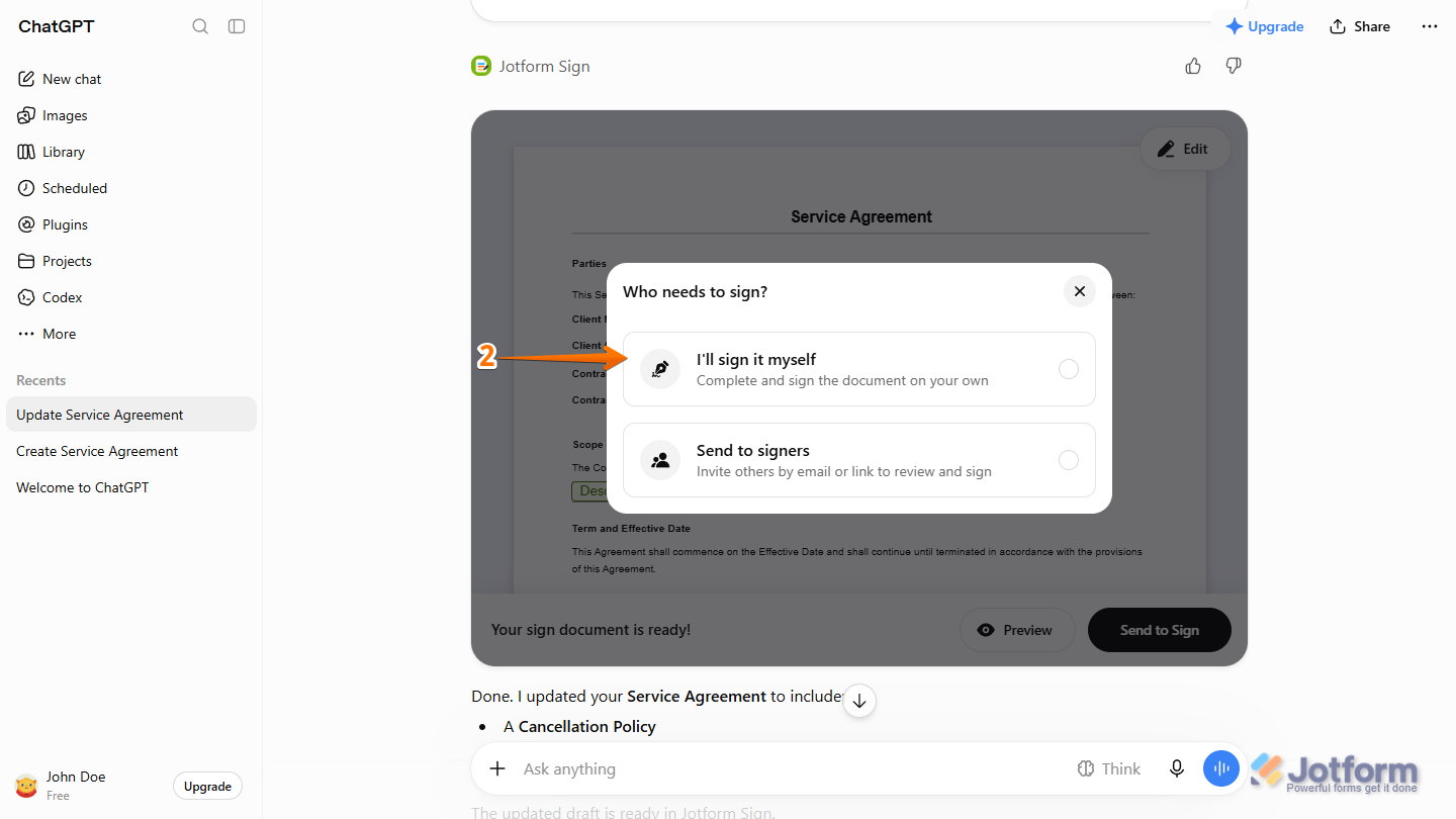 I'll Sign It Myself option in the Who Needs to Sign dialog in the Jotform Sign section of the ChatGPT response