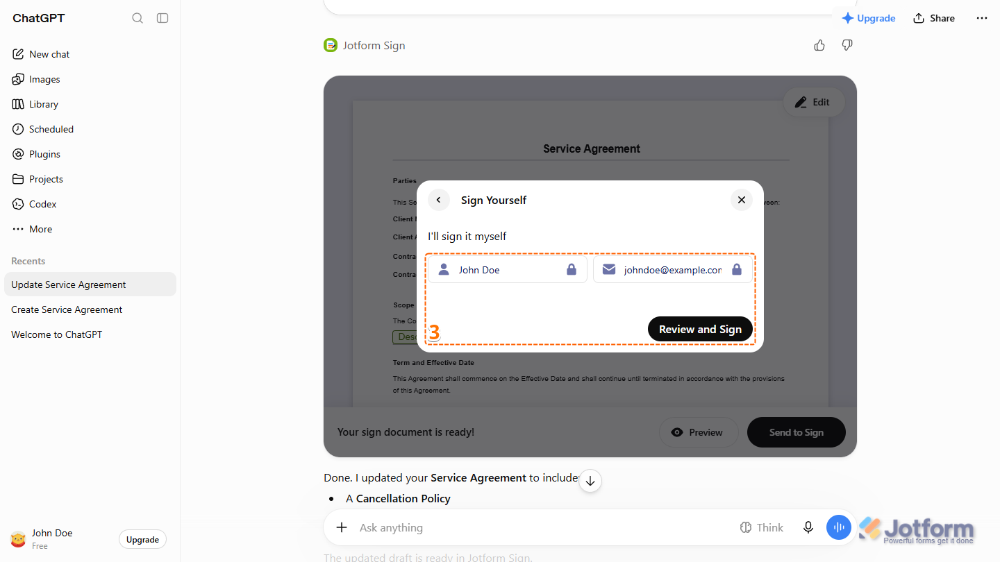 User Full Name and Email Address and the Review and Sign button in the Sign Yourself dialog in the Jotform Sign section of the ChatGPT response