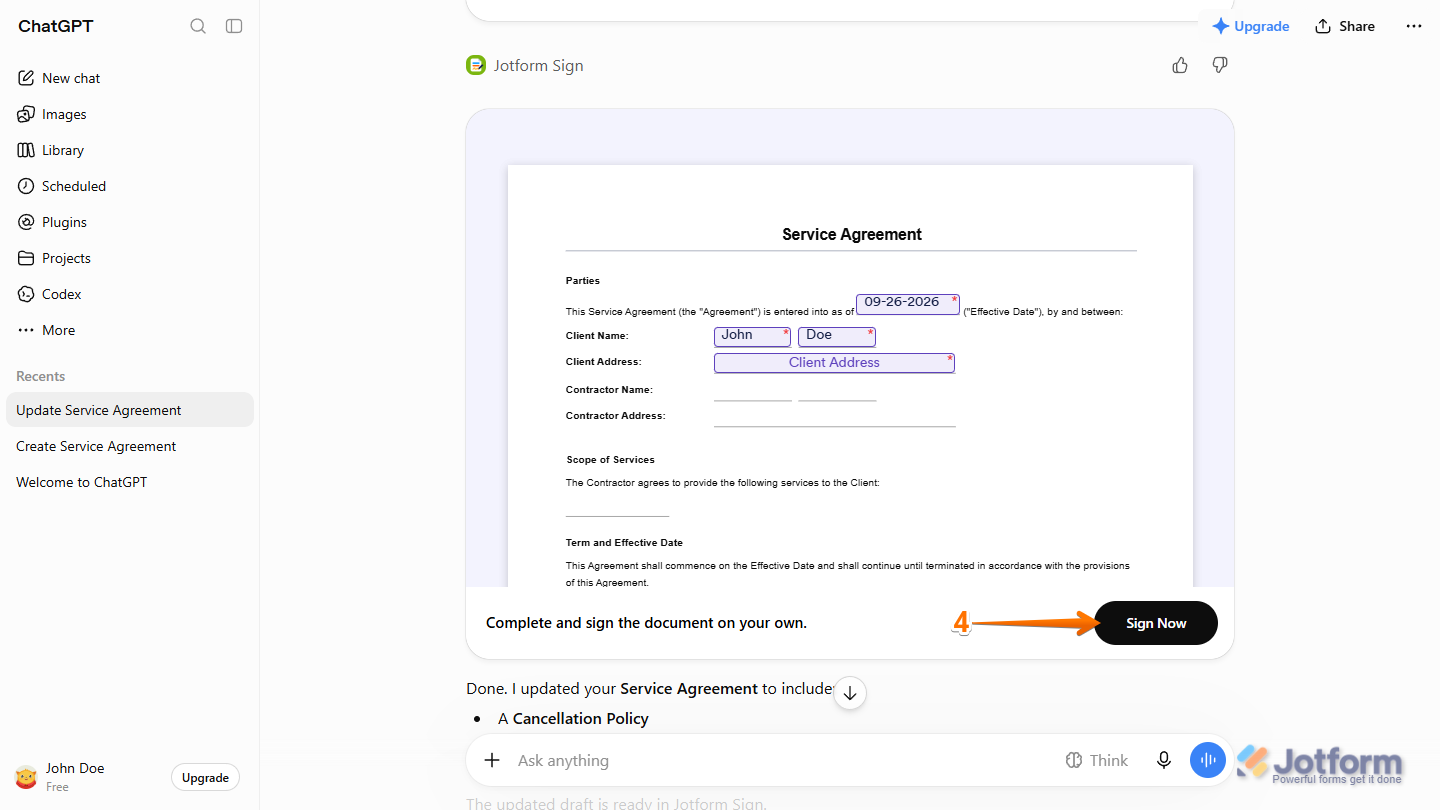 Sign Now button in the Jotform Sign section of the ChatGPT response