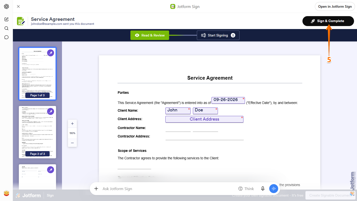 Sign & Complete button in the Jotform Sign Document preview in ChatGPT