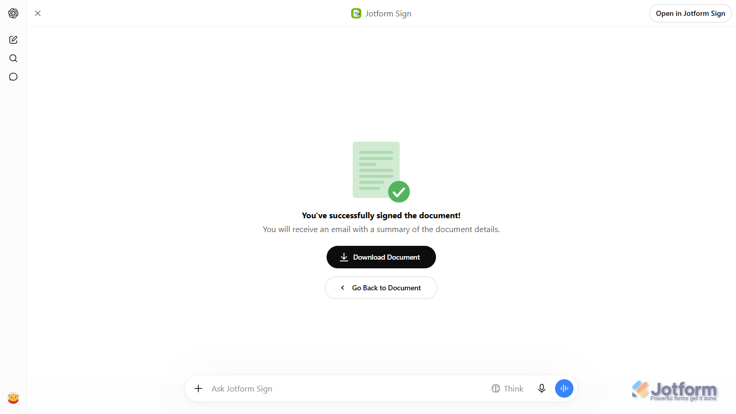 Download Document button in the Document Signed message in the Jotform Sign Document preview in ChatGPT