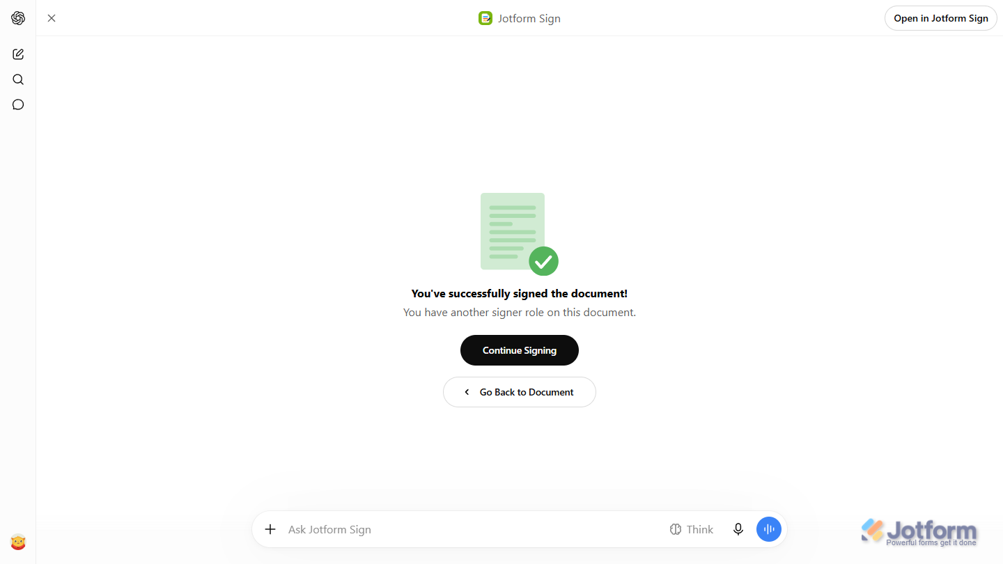 Continue Signing button in the Document Signed message in the Jotform Sign Document preview in ChatGPT