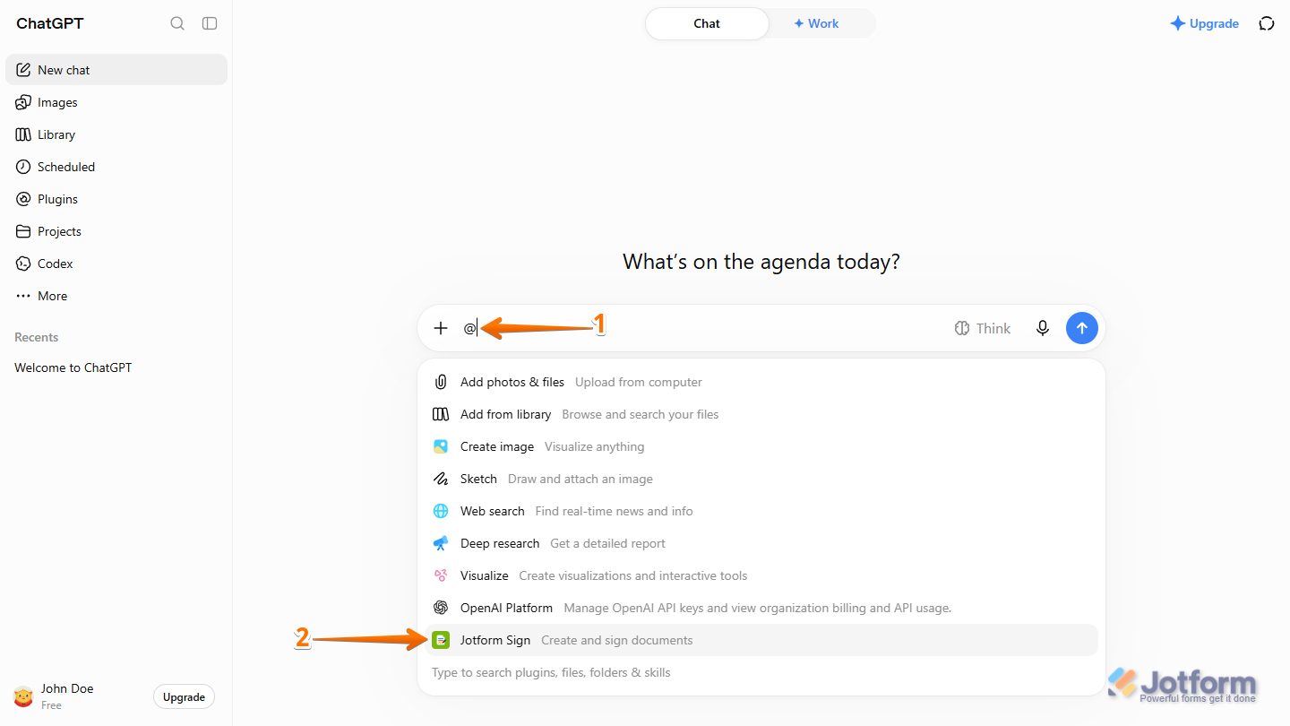 Jotform Sign plugin option in the Plugins menu of the ChatGPT Prompt box