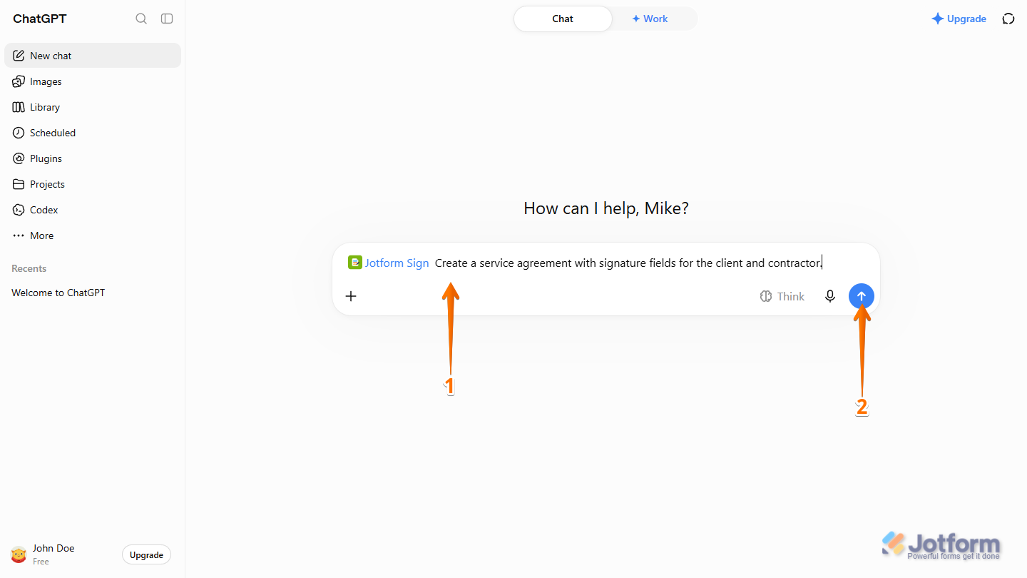 Create Sign Document prompt using the Jotform Sign plugin in ChatGPT Prompt box