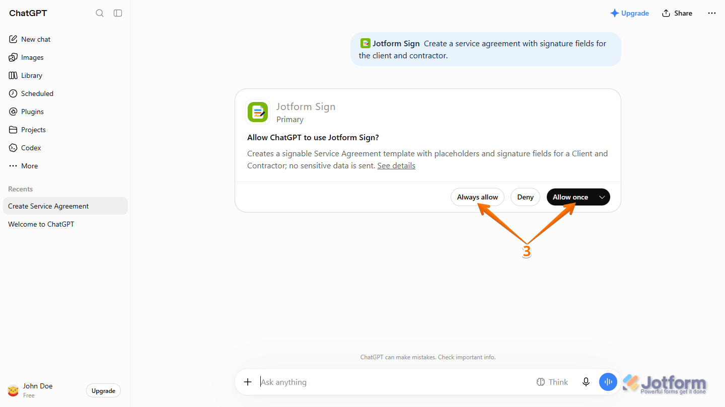 Allow Once and Always Allow buttons for Jotform Sign plugin in ChatGPT response