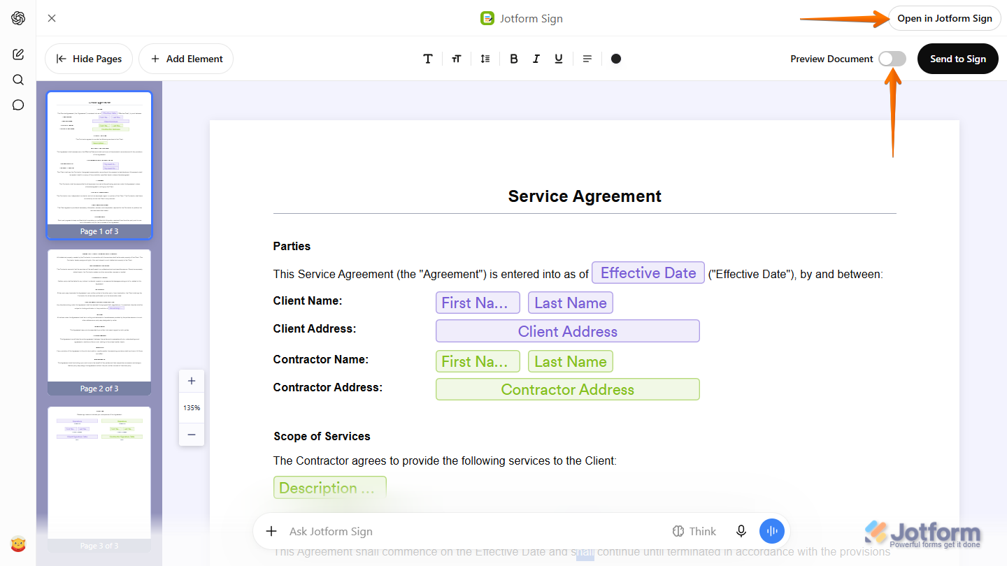 Preview Document toggle and Open in Jotform Sign button in the Jotform Sign Document preview in ChatGPT