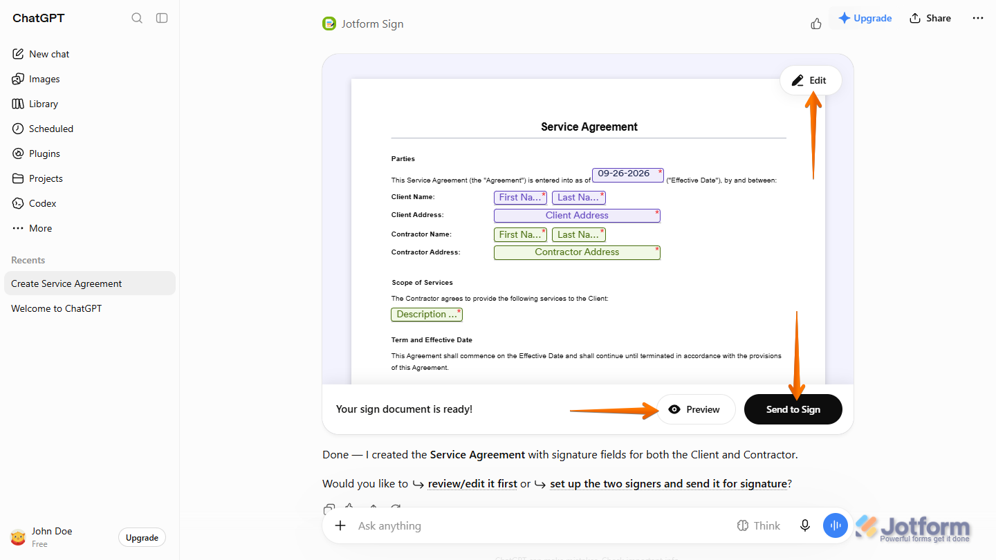 Edit, Preview, and Send to Sign buttons in the Jotform Sign section of the ChatGPT response