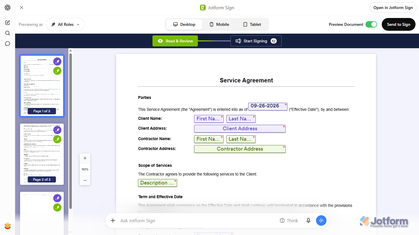 Jotform Sign Document preview in ChatGPT