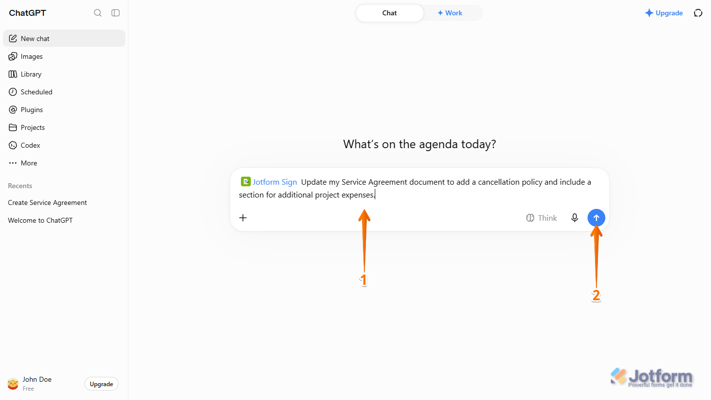 Update Sign Document prompt using the Jotform Sign plugin in ChatGPT Prompt box