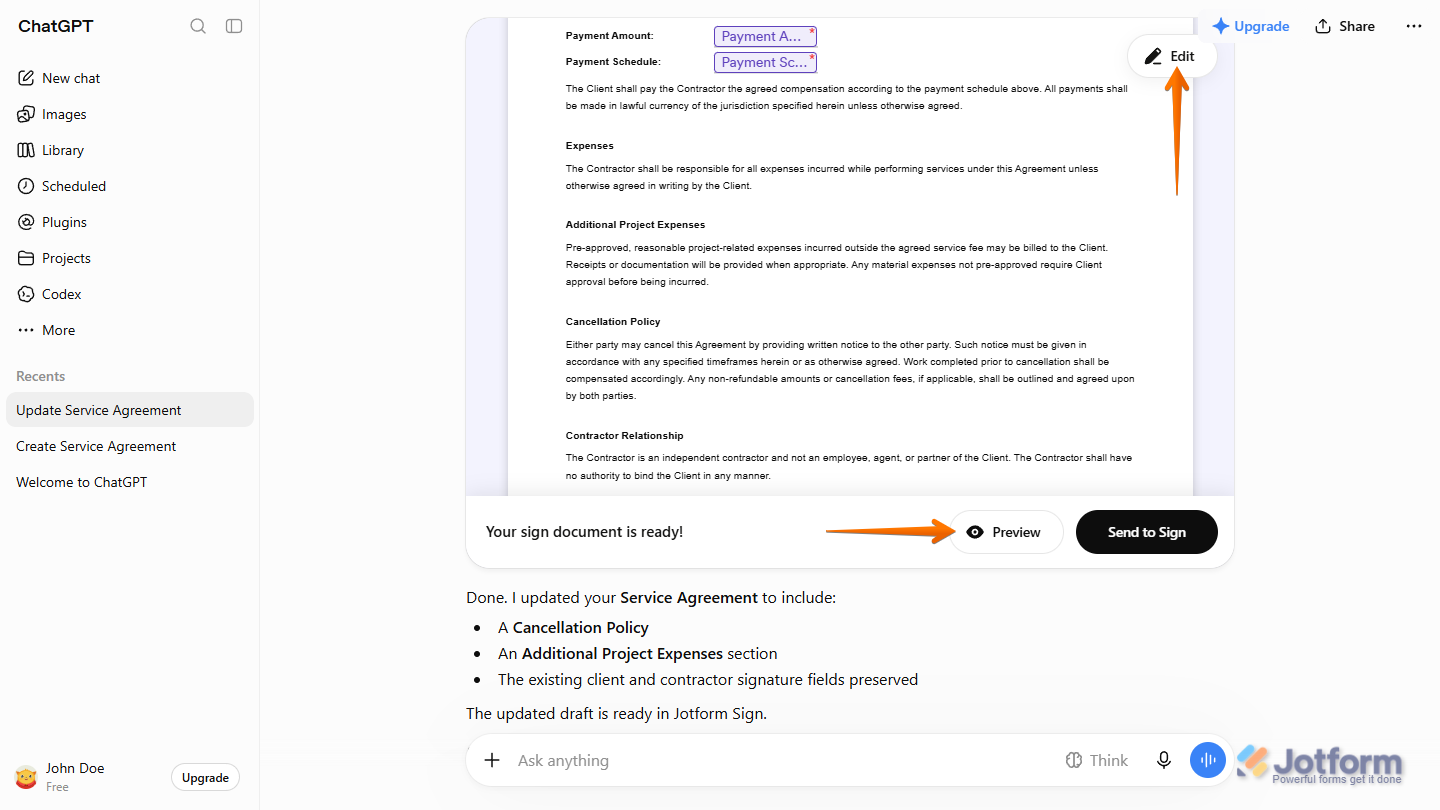 Edit and Preview buttons in the Jotform Sign section of the ChatGPT response