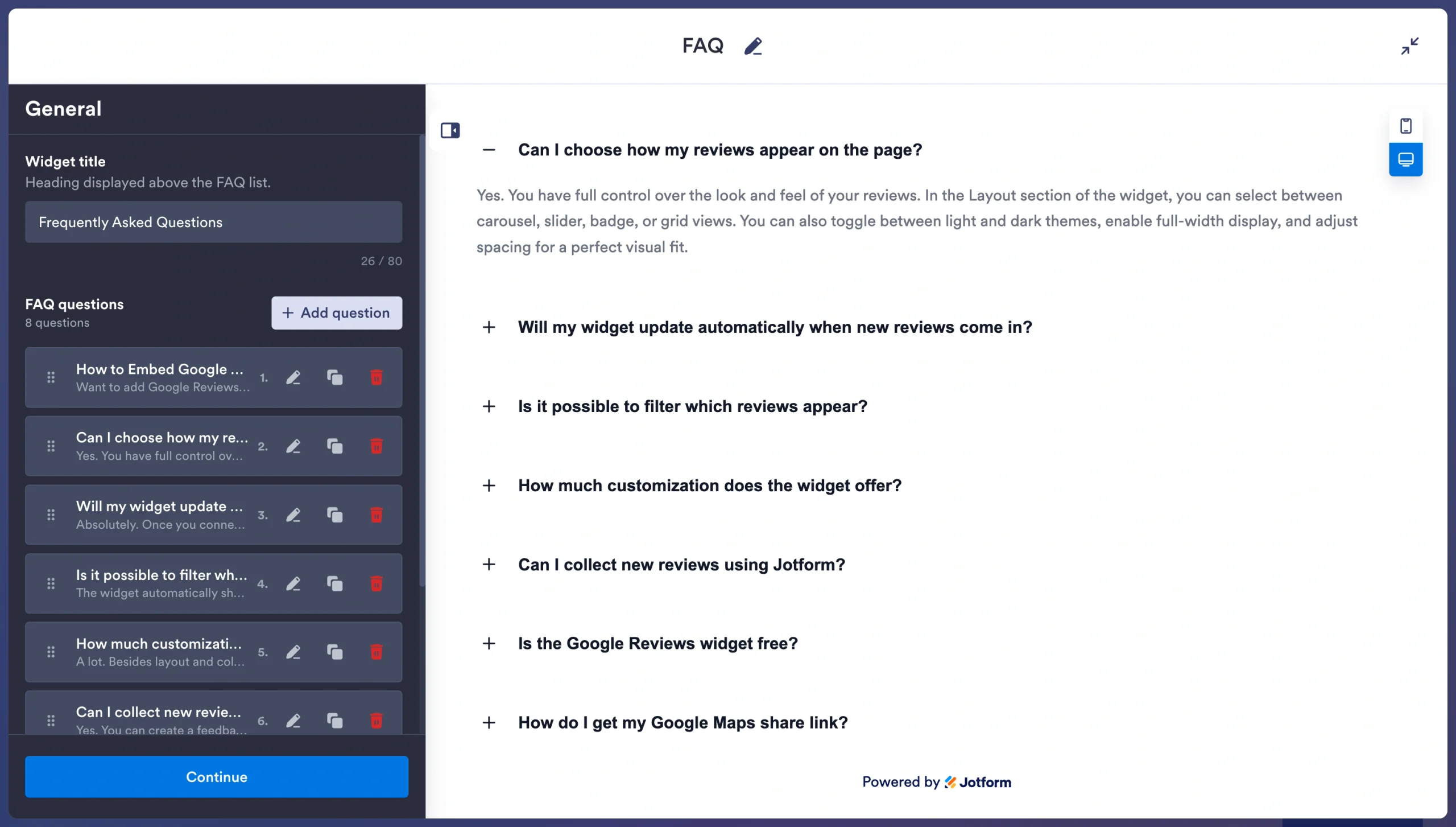 Jotform FAQ Widget editor with multiple questions and accordion-style answers