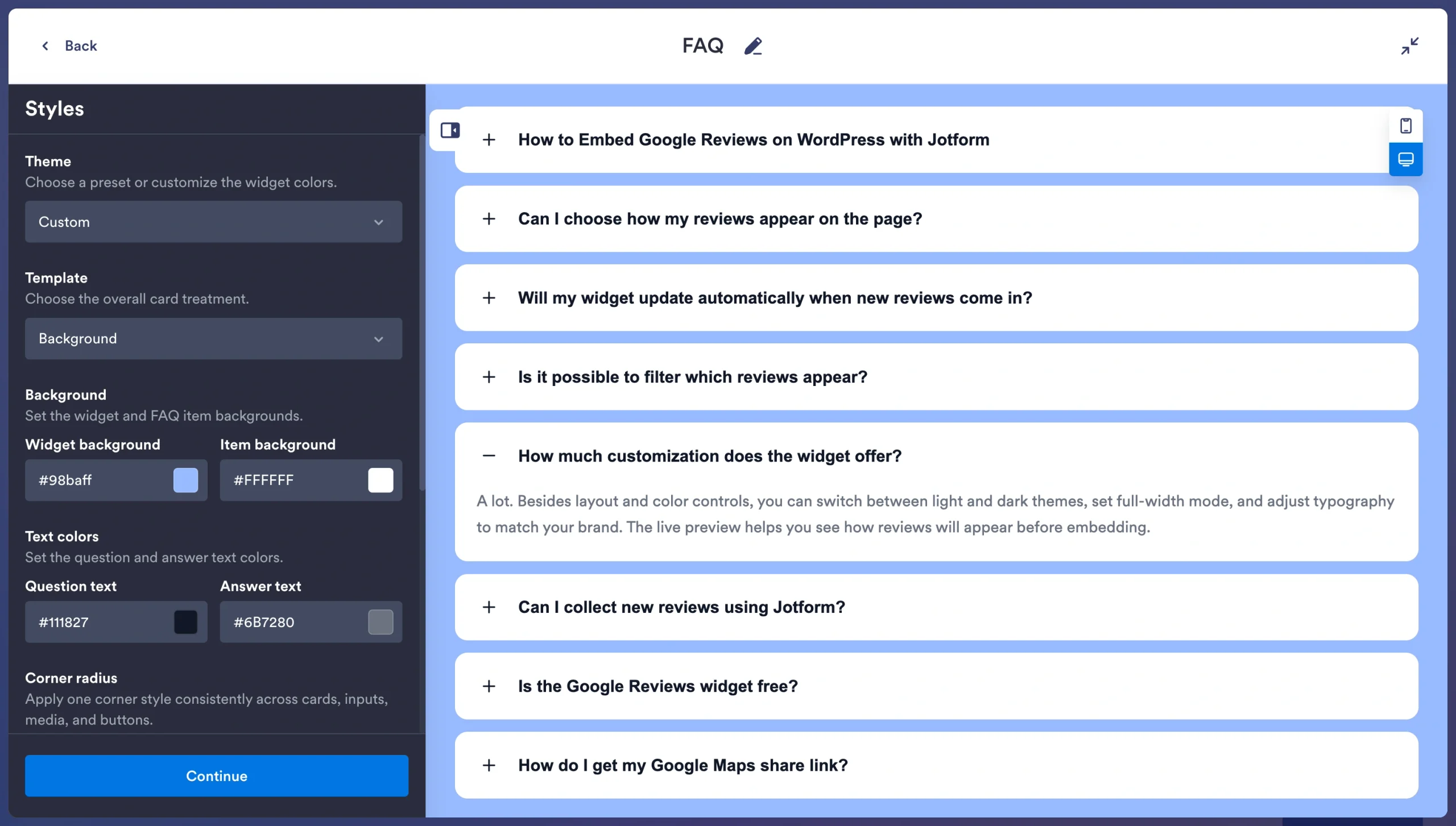 Jotform FAQ Widget design settings with theme, background, and layout customization options